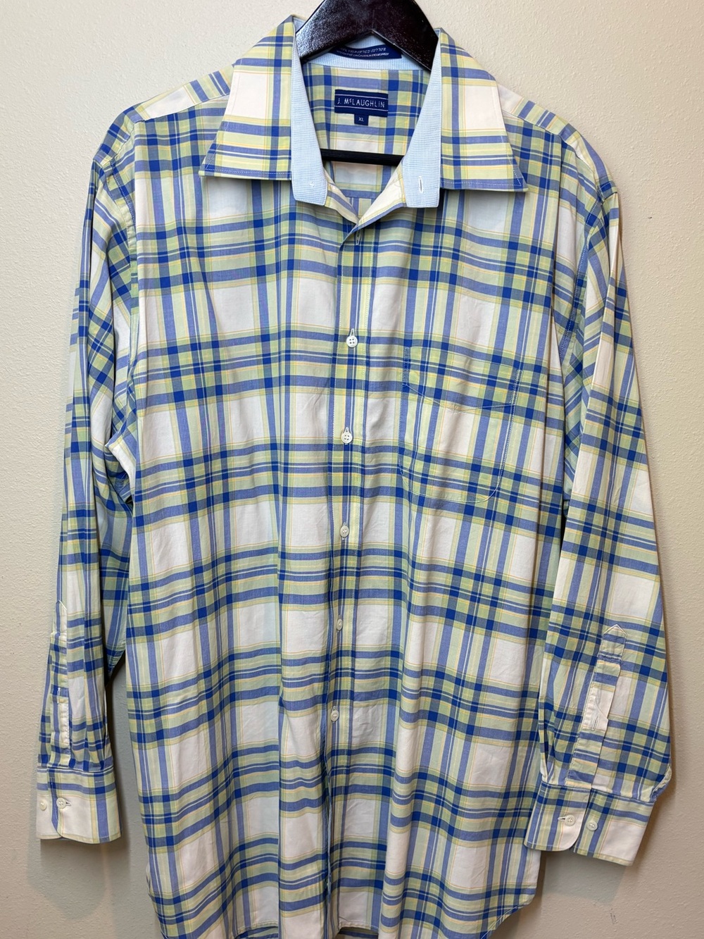J. McLaughlin Men’s Blue, Green & White Plaid Dress Shirt, 100% cotton, XL